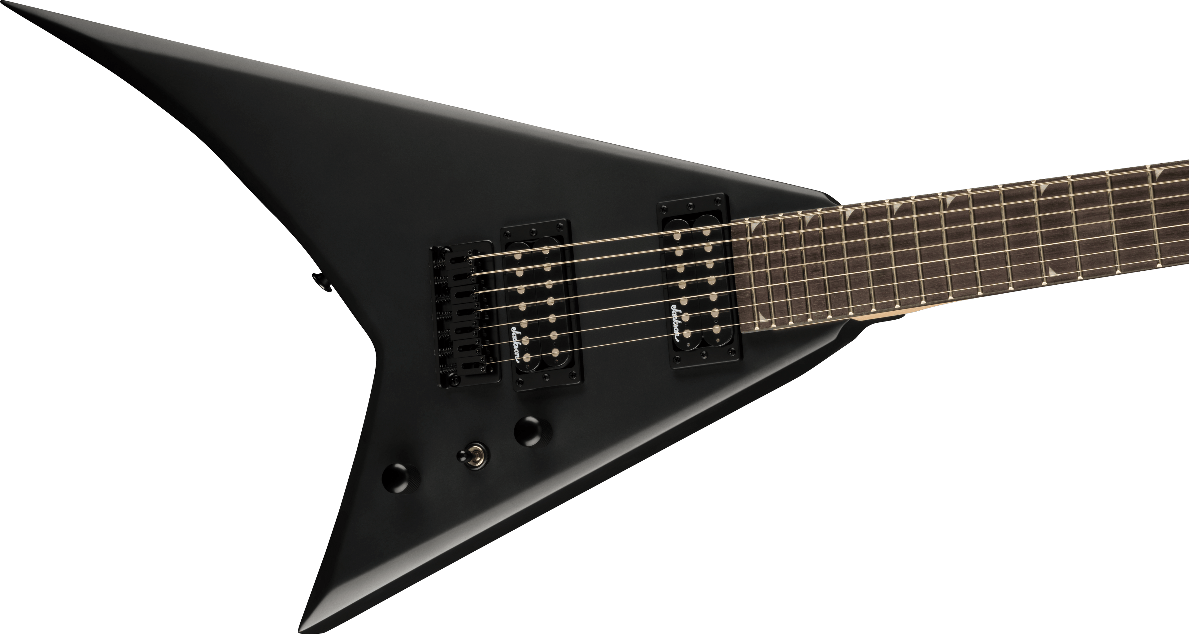 Jackson JS Rhoads JS22-7 RR HT satin black electric guitar with sleek body and pointed headstock, designed for metal and rock music.