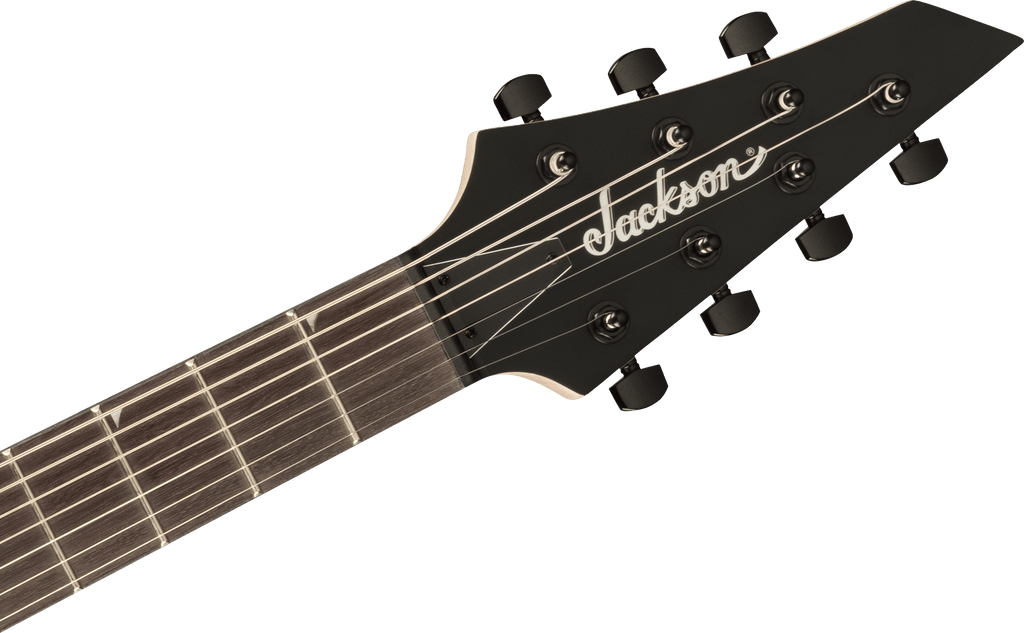 Jackson JS Rhoads JS22-7 RR HT satin black electric guitar with pointed body and dual humbucker pickups.