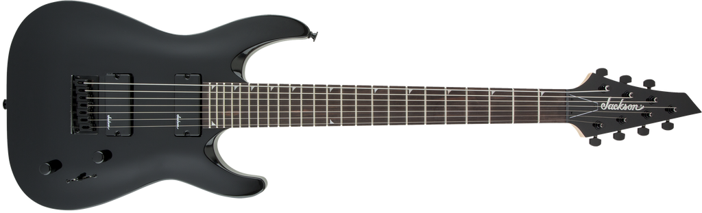 Jackson JS22-7 Dinky 7-string electric guitar with glossy black finish and amaranth fingerboard, showcasing its sleek, modern design.