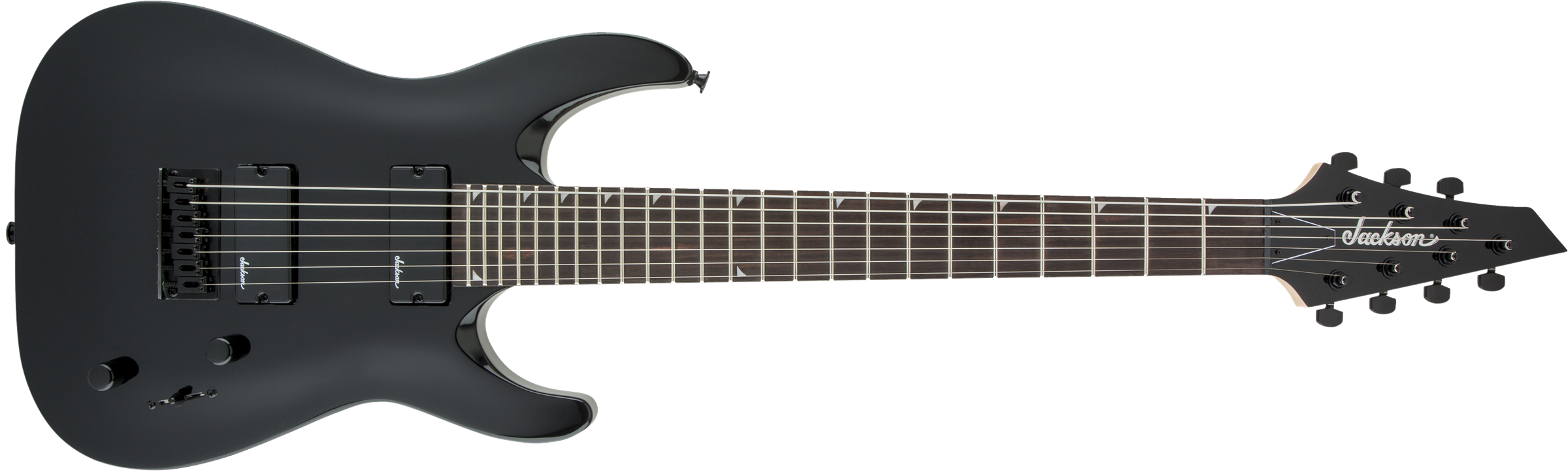 Jackson JS22-7 Dinky 7-string electric guitar with glossy black finish and amaranth fingerboard, showcasing its sleek, modern design.