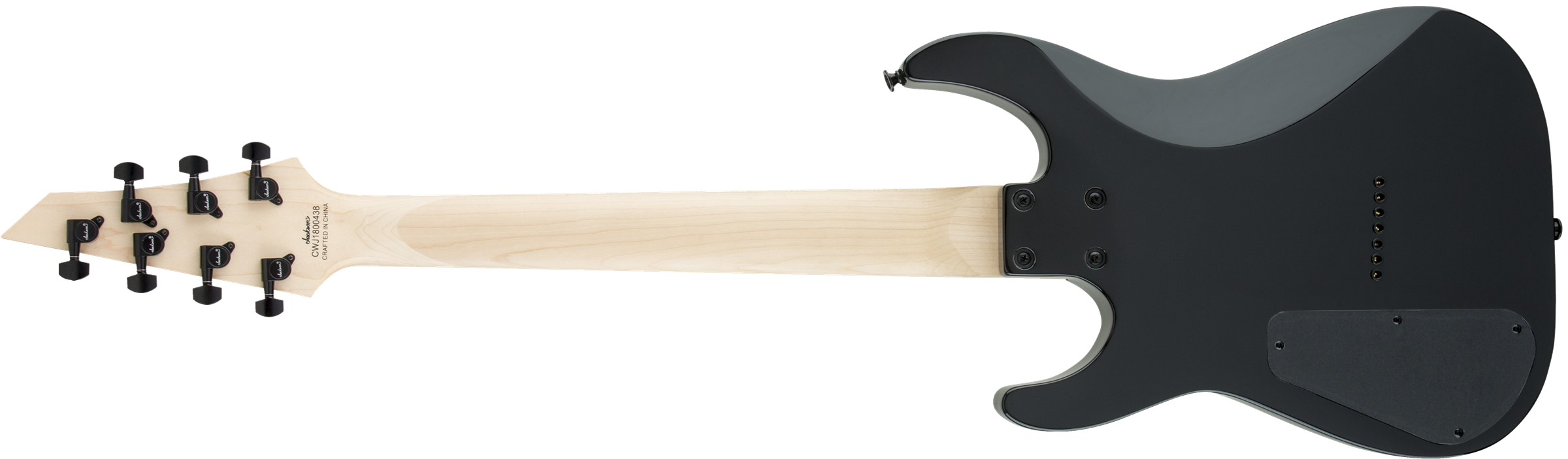 Jackson JS22-7 Dinky 7-string electric guitar with gloss black finish and amaranth fingerboard, showcasing its sleek design.