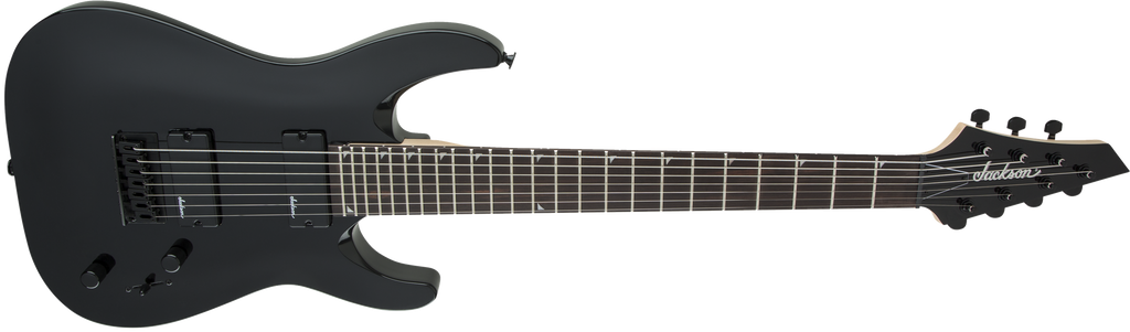 Jackson JS22-7 Dinky 7-string electric guitar with gloss black finish, arch top body, and amaranth fingerboard.