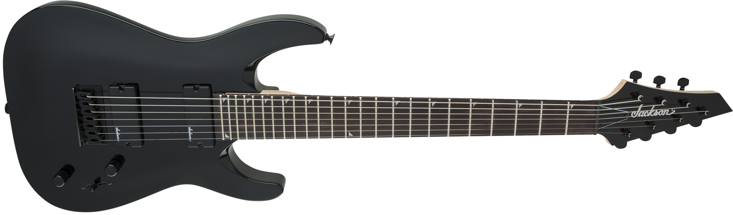 Jackson JS22-7 Dinky 7-string electric guitar with gloss black finish, arch top body, and amaranth fingerboard.