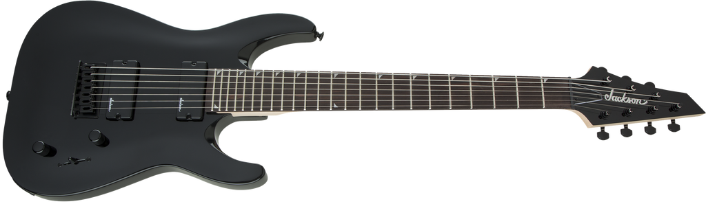 Jackson JS22-7 Dinky 7-string electric guitar with gloss black finish and amaranth fingerboard, showcasing its sleek body and hardware.