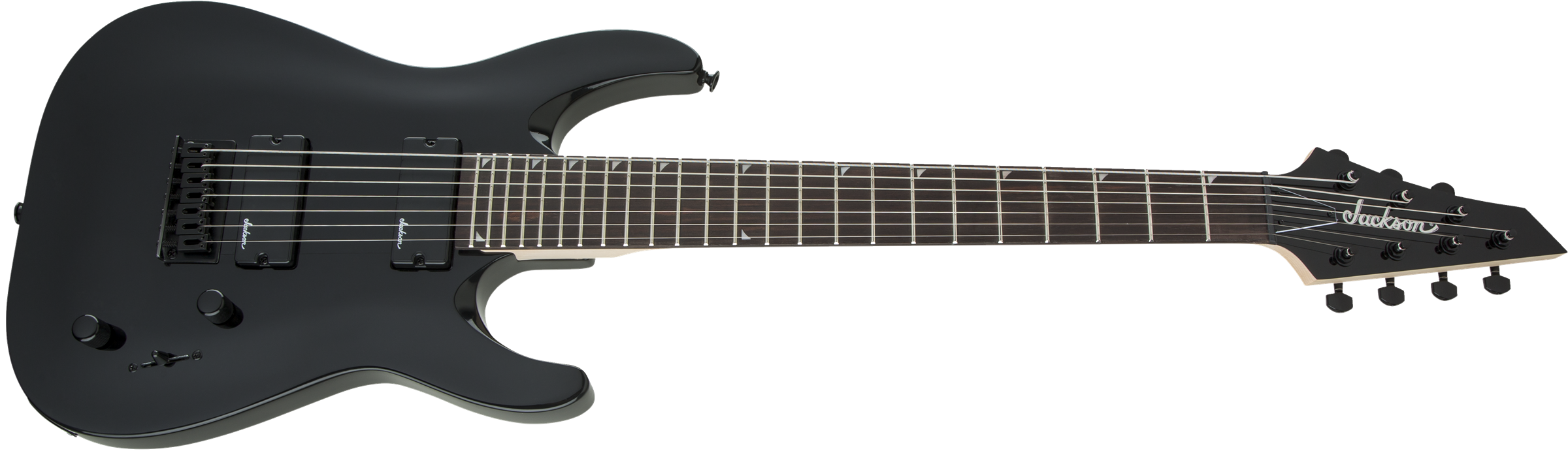 Jackson JS22-7 Dinky 7-string electric guitar with gloss black finish and amaranth fingerboard, showcasing its sleek body and hardware.