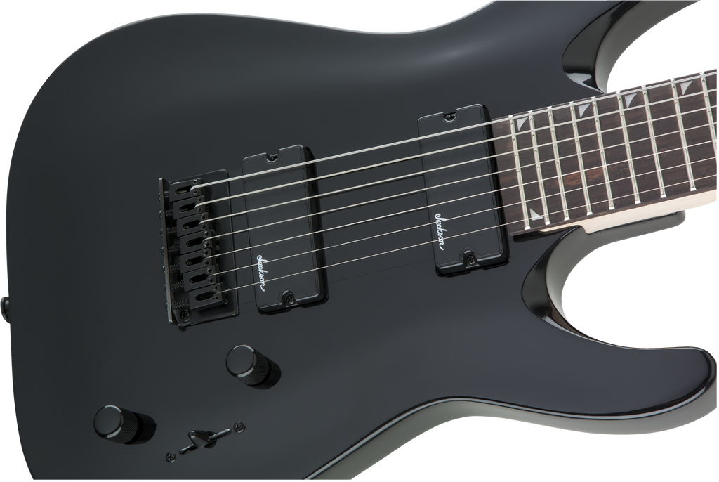 Jackson JS22-7 Dinky 7-string electric guitar with glossy black finish and amaranth fingerboard, showcasing its sleek design.