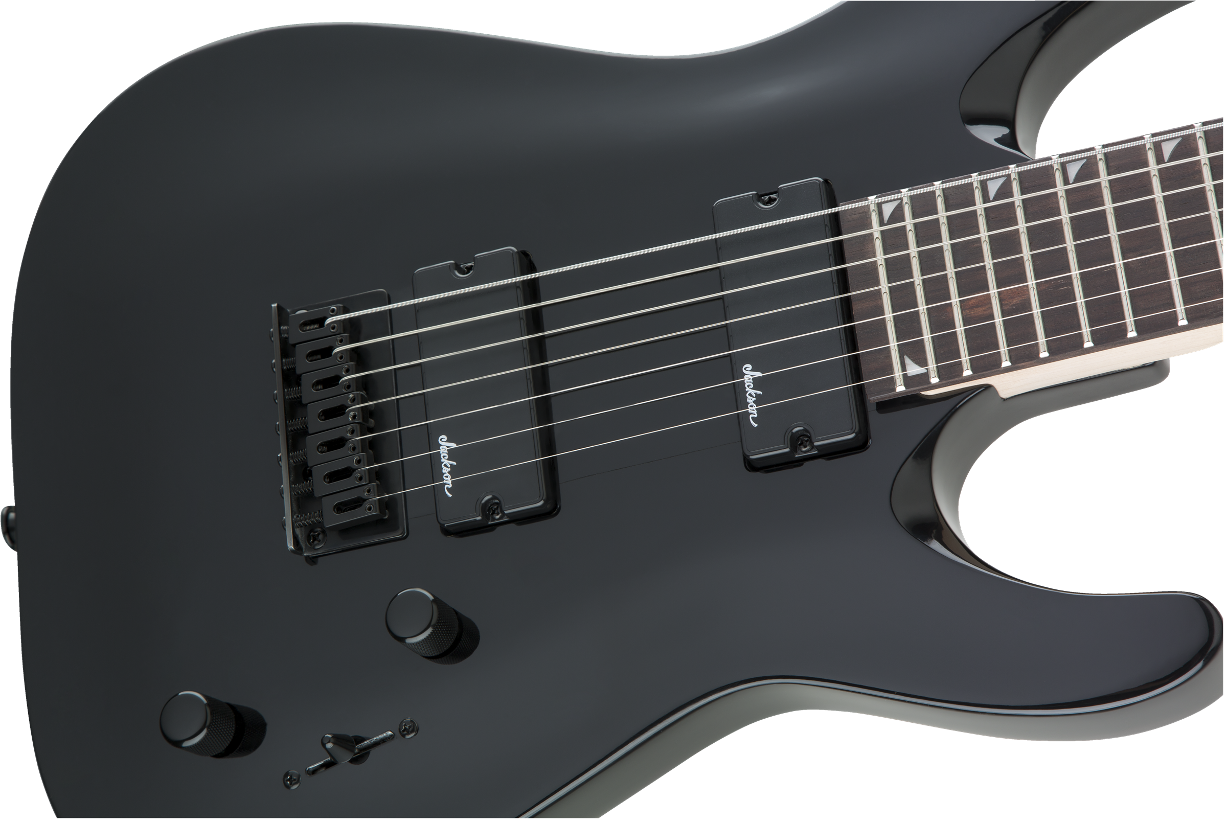 Jackson JS22-7 Dinky 7-string electric guitar with glossy black finish and amaranth fingerboard, showcasing its sleek design.