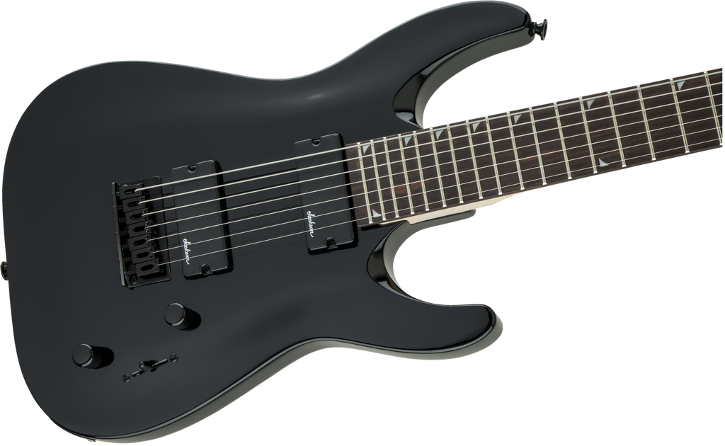 Jackson JS22-7 Dinky 7-string electric guitar with gloss black finish and amaranth fingerboard, showcasing its sleek body and hardware.