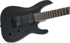 Jackson JS22-7 Dinky 7-string electric guitar with gloss black finish and amaranth fingerboard, showcasing its sleek body and hardware.