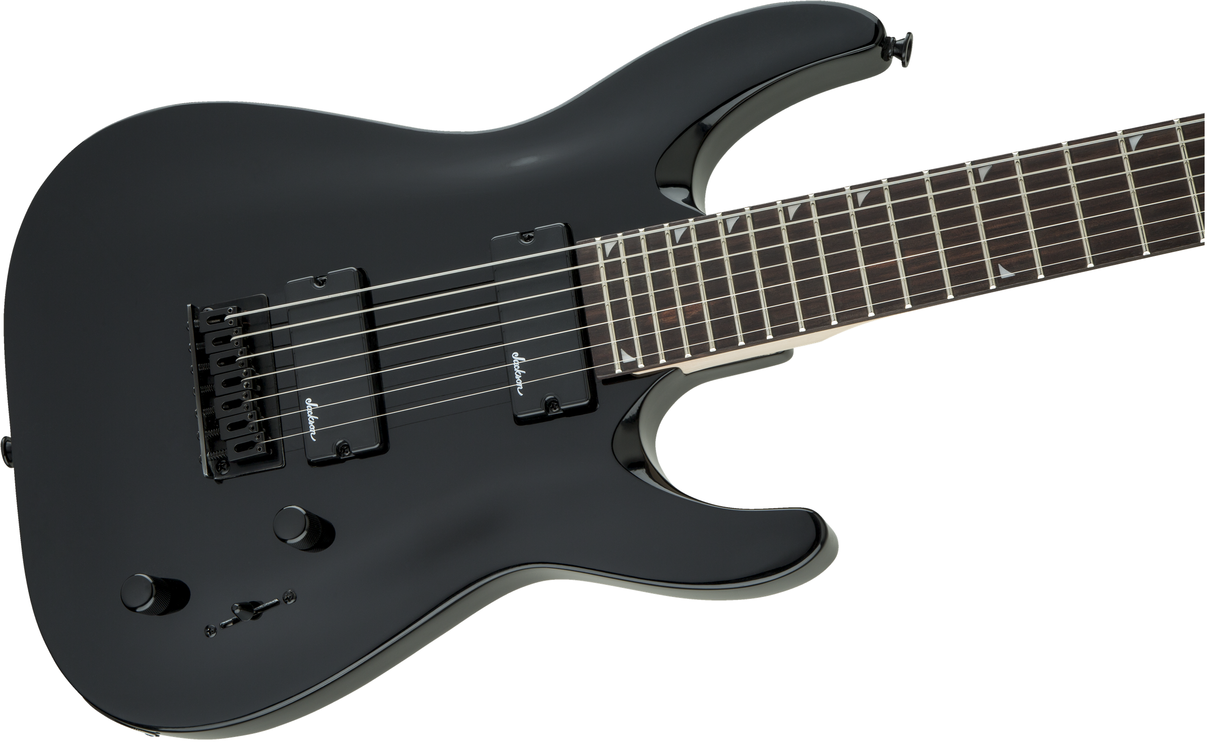 Jackson JS22-7 Dinky 7-string electric guitar with gloss black finish and amaranth fingerboard, showcasing its sleek body and hardware.