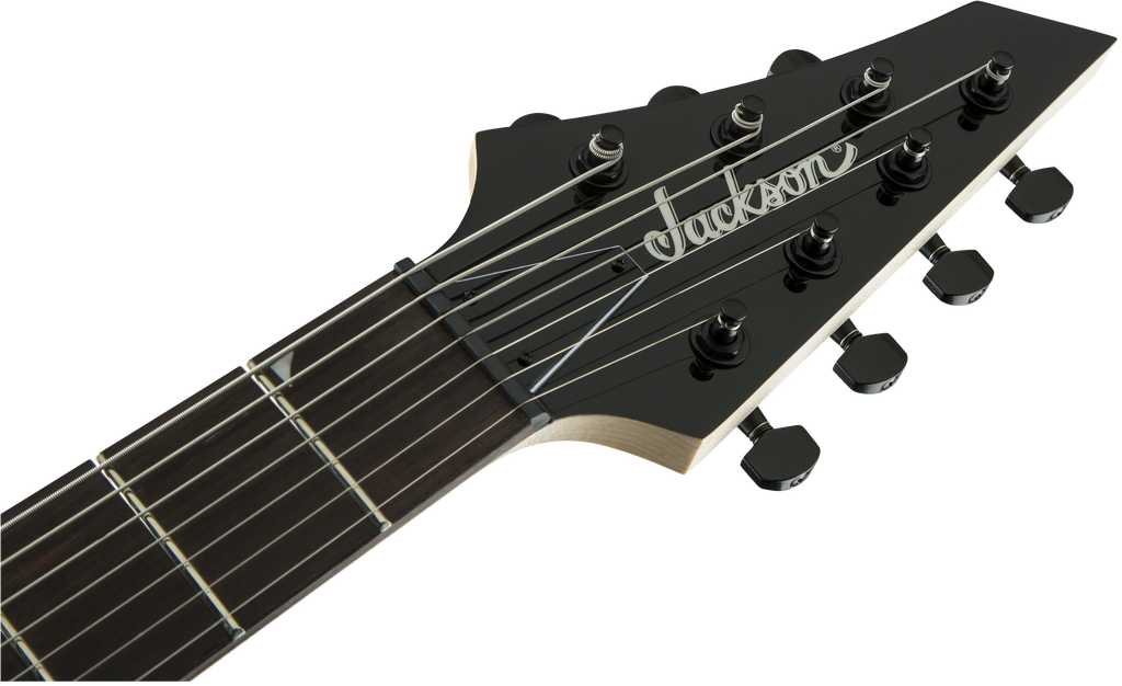 Jackson JS22-7 Dinky 7-string electric guitar with glossy black finish and amaranth fingerboard, showcasing its sleek design and hardware.
