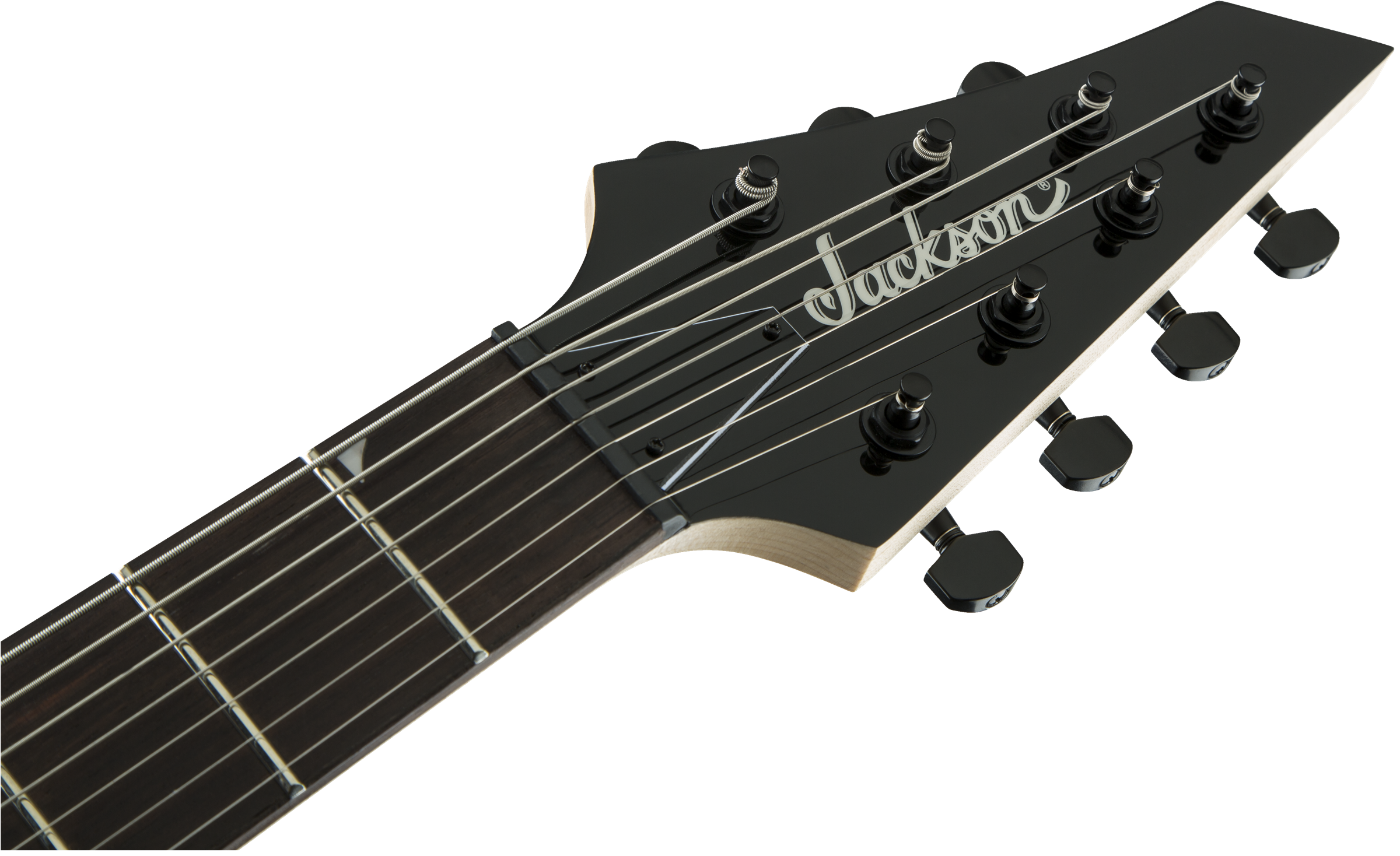 Jackson JS22-7 Dinky 7-string electric guitar with glossy black finish and amaranth fingerboard, showcasing its sleek design and hardware.