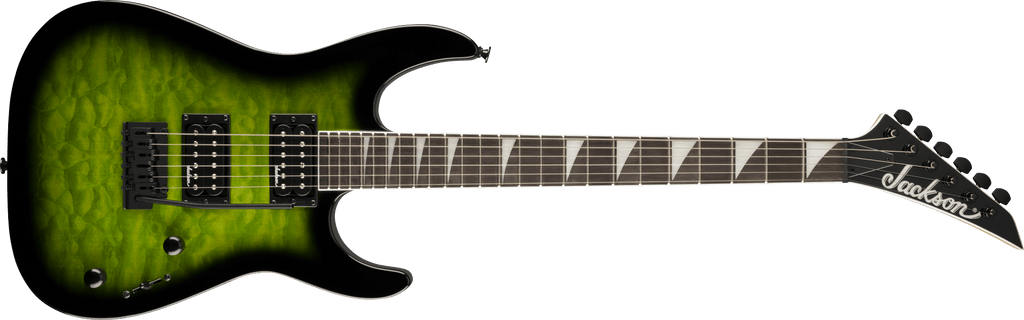 Jackson JS Series Dinky JS20 DKQ electric guitar in transparent green burst with dual pickups and sleek design.
