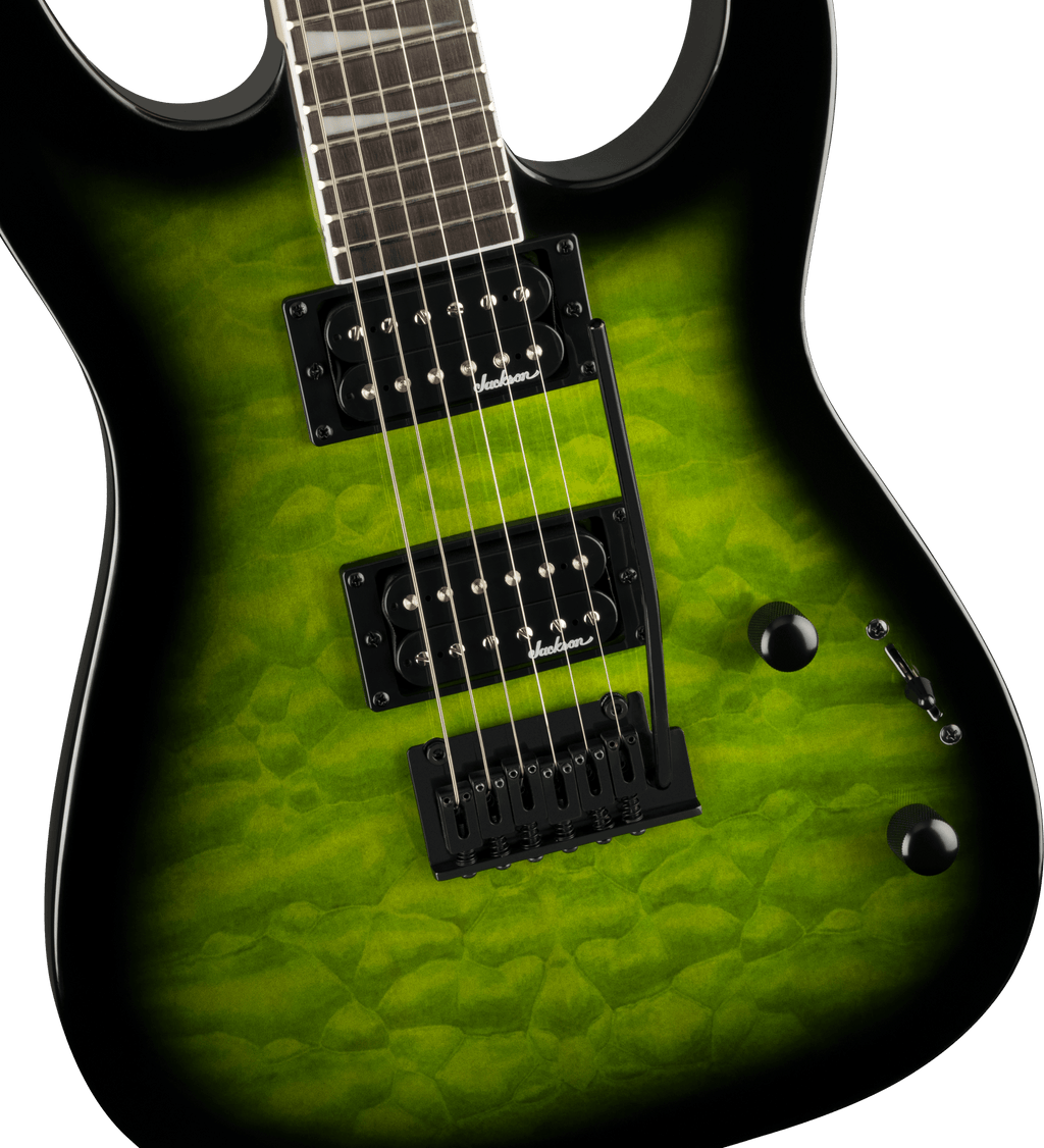 Jackson JS Series Dinky JS20 DKQ electric guitar in transparent green burst with dual pickups and sleek design, close-up view.