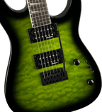 Jackson JS Series Dinky JS20 DKQ electric guitar in transparent green burst with dual pickups and sleek design, close-up view.