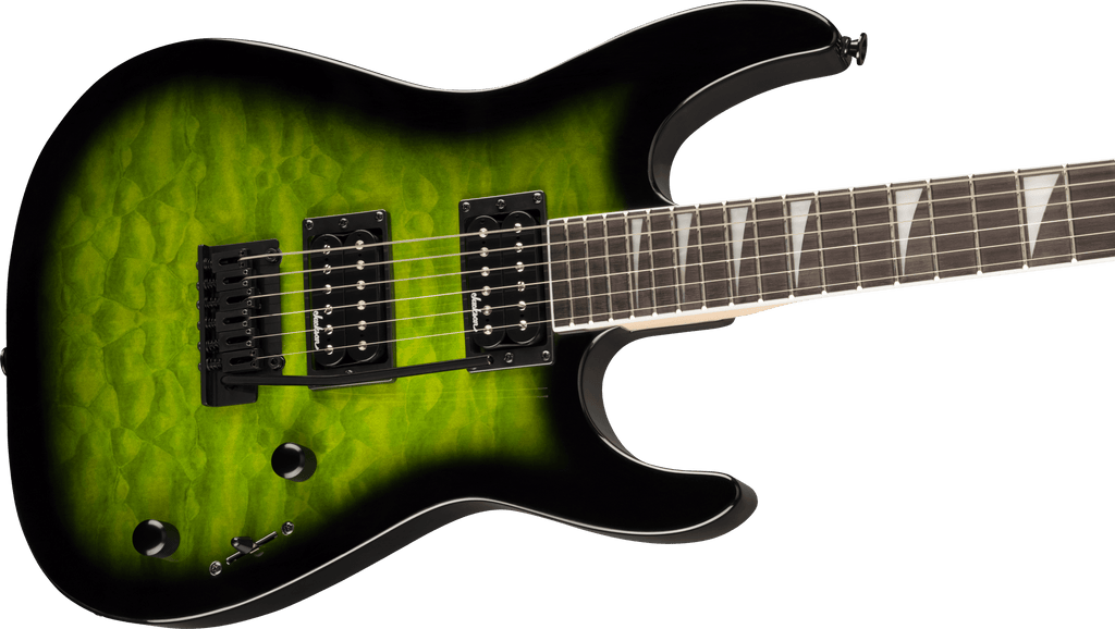 Jackson JS Series Dinky JS20 DKQ electric guitar in transparent green burst with sleek body and dual pickups.