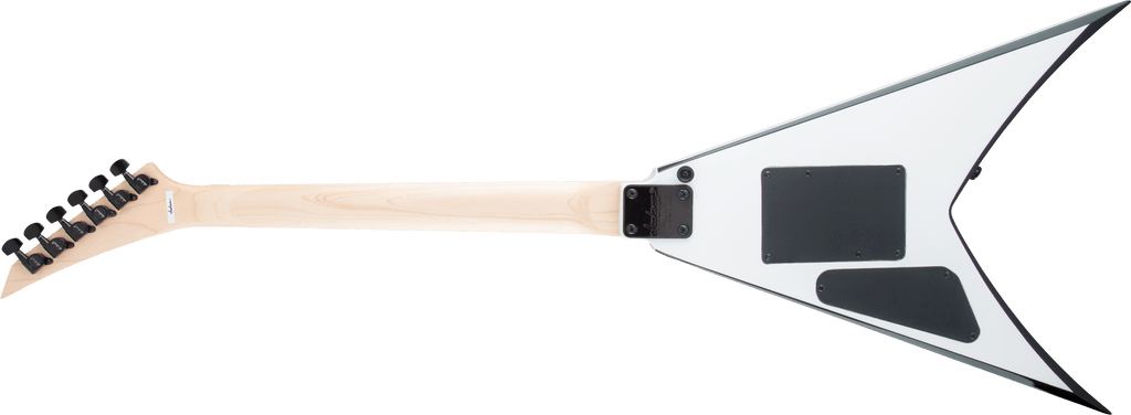 Jackson JS Series King V JS32 electric guitar with amaranth fingerboard in white with black bevels, showcasing its sleek design and sharp shape.