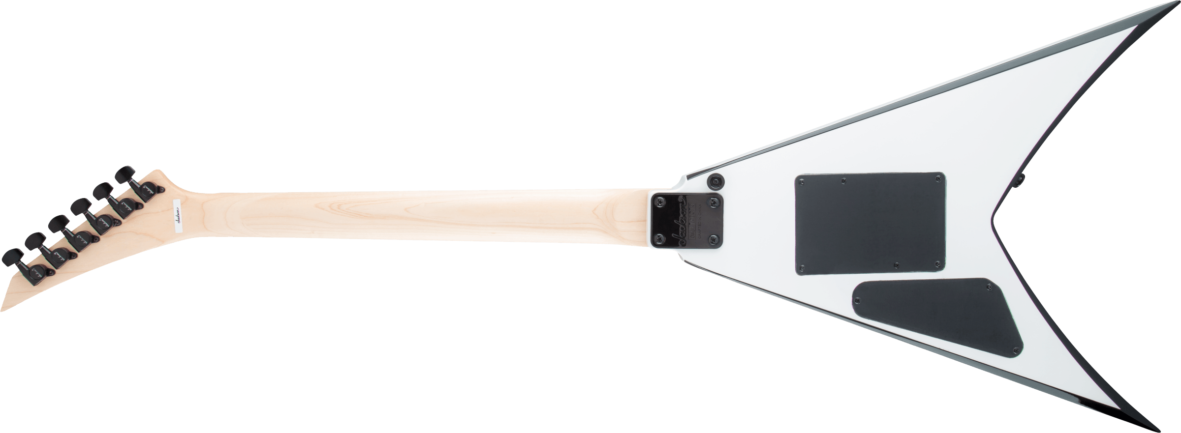 Jackson JS Series King V JS32 electric guitar with amaranth fingerboard in white with black bevels, showcasing its sleek design and sharp shape.
