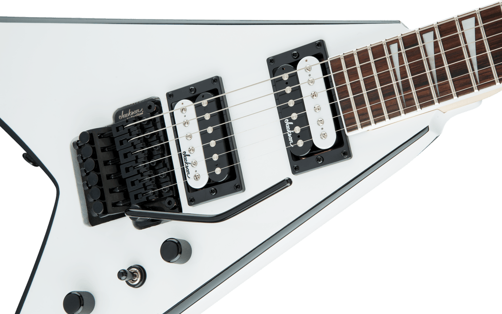 Jackson JS Series King V JS32 electric guitar with amaranth fingerboard in white with black bevels, showcasing its sleek body and hardware.