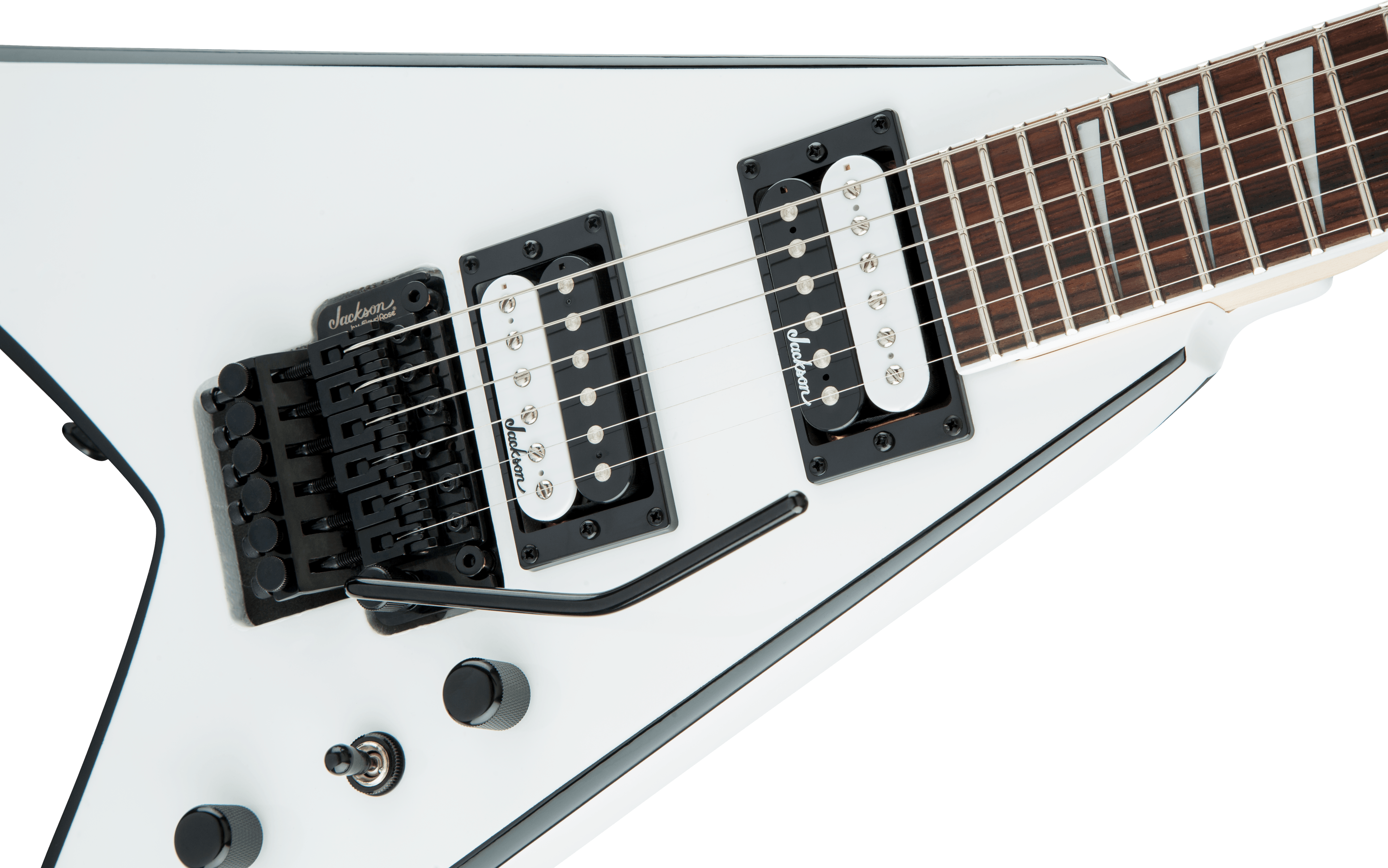 Jackson JS Series King V JS32 electric guitar with amaranth fingerboard in white with black bevels, showcasing its sleek body and hardware.