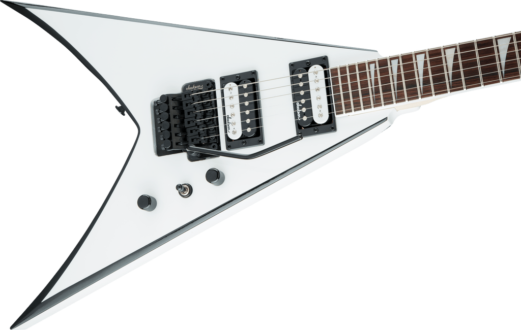 Jackson JS Series King V™ JS32 electric guitar with amaranth fingerboard in white with black bevels, showcasing its sleek design.