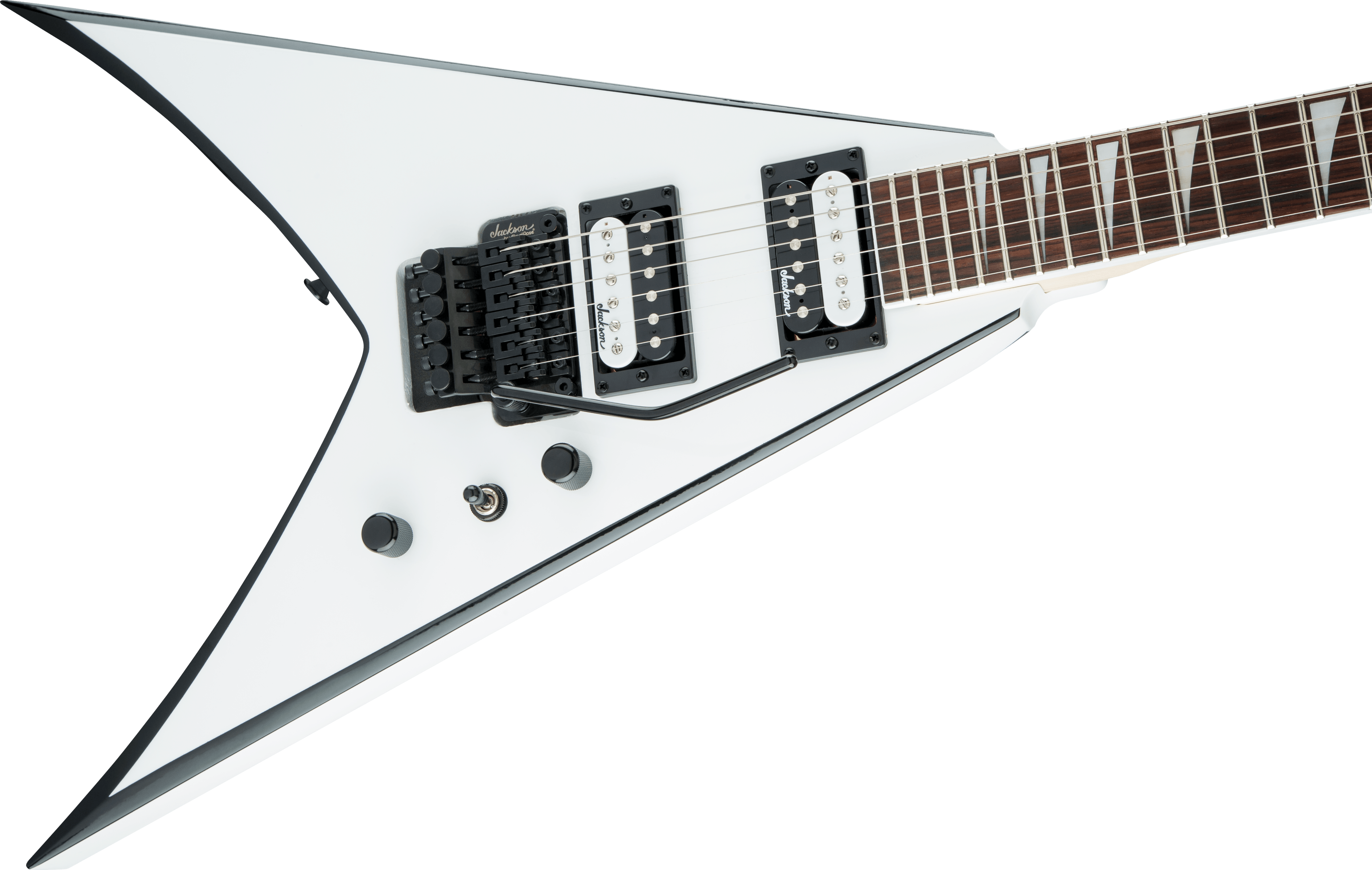 Jackson JS Series King V™ JS32 electric guitar with amaranth fingerboard in white with black bevels, showcasing its sleek design.