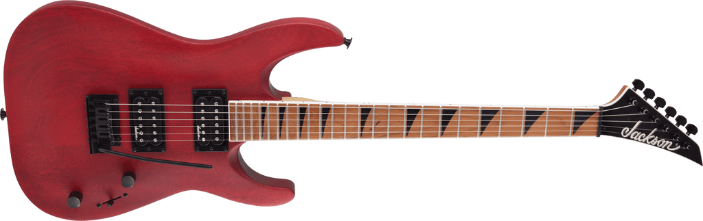 Jackson JS24 Dinky arch top electric guitar in red stain, featuring a sleek body, six strings, and chrome tuning pegs.