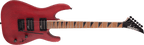 Jackson JS24 Dinky arch top electric guitar in red stain, featuring a sleek body, six strings, and chrome tuning pegs.