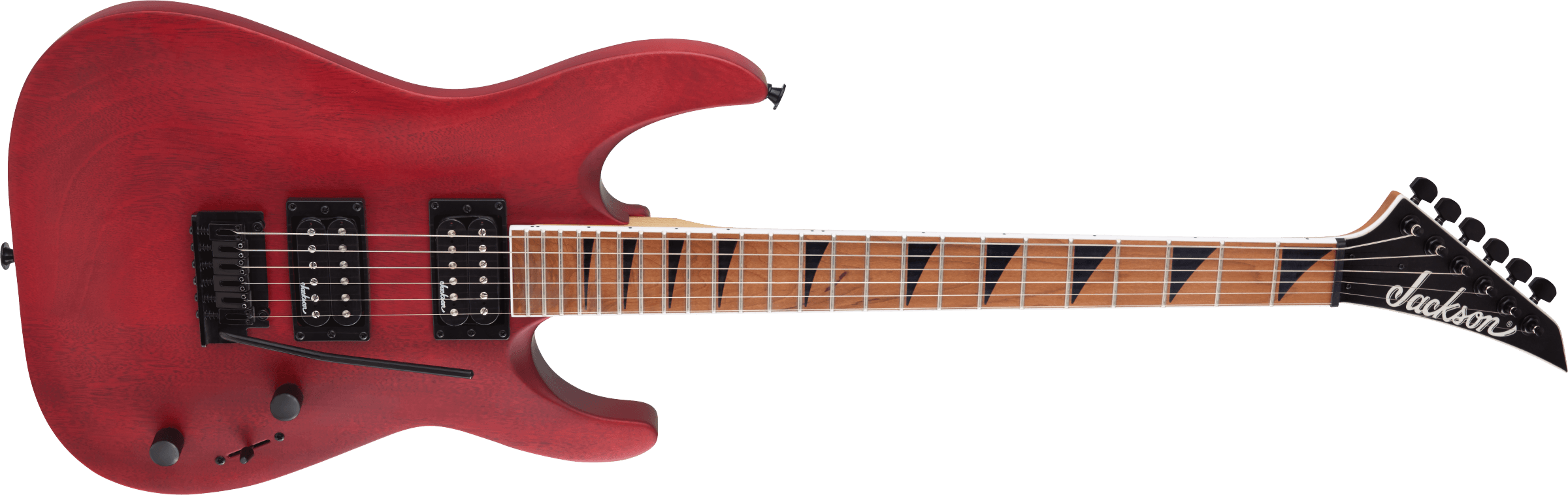Jackson JS24 Dinky arch top electric guitar in red stain, featuring a sleek body, six strings, and chrome tuning pegs.