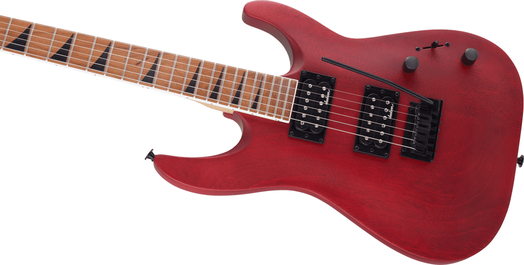Jackson JS24 Dinky arch top electric guitar in red stain with sleek body and modern hardware, perfect for rock and metal playing.