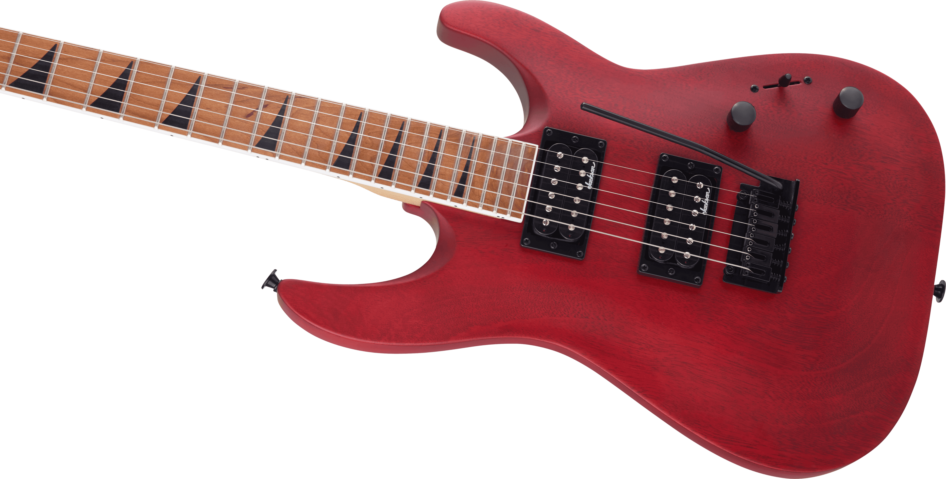 Jackson JS24 Dinky arch top electric guitar in red stain with sleek body and modern hardware, perfect for rock and metal playing.