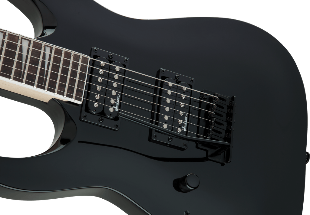 Jackson JS Dinky Arch Top JS22 DKA LH electric guitar with Amaranth fingerboard and Gloss Black finish, shown from the front.