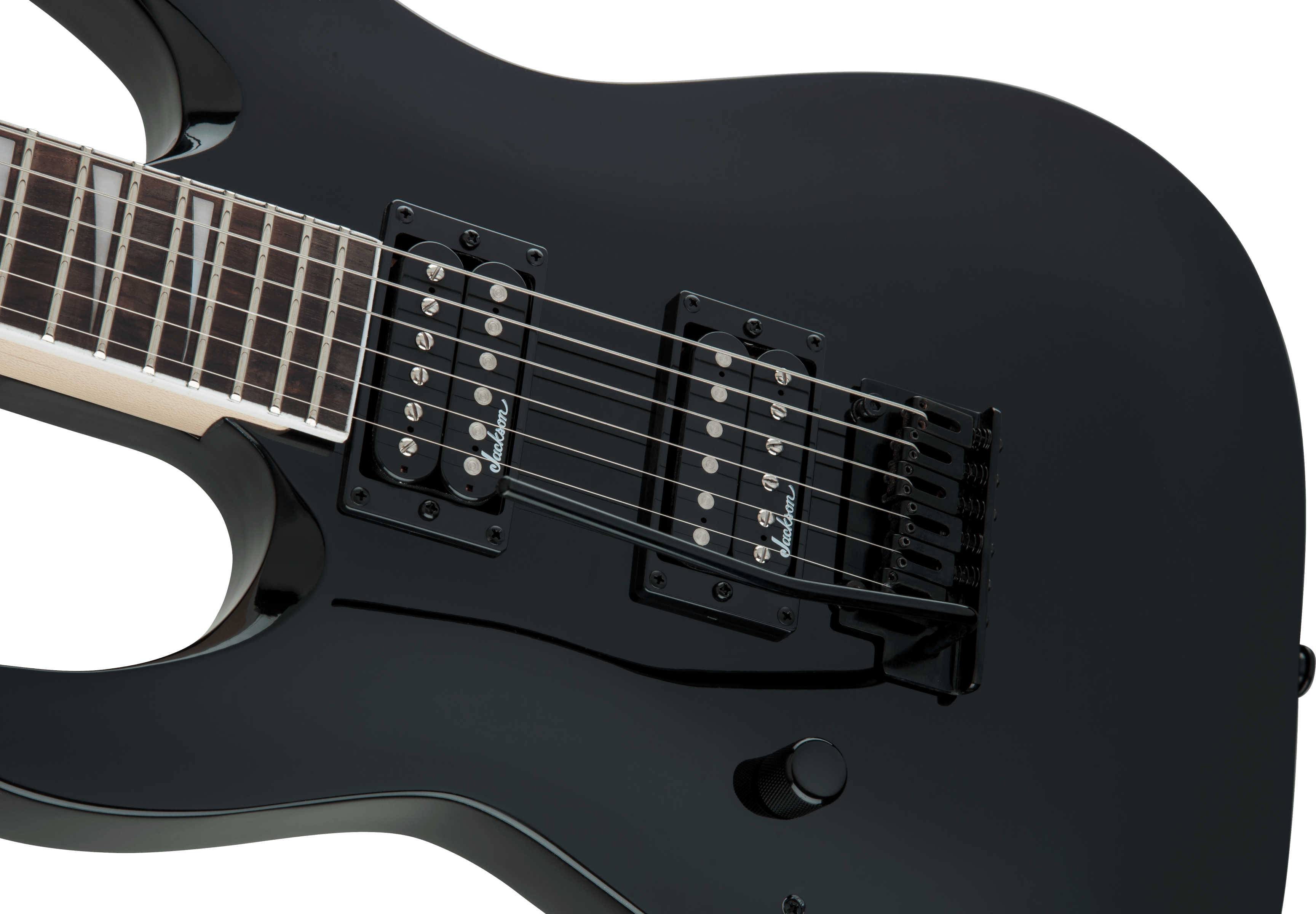 Jackson JS Dinky Arch Top JS22 DKA LH electric guitar with Amaranth fingerboard and Gloss Black finish, shown from the front.