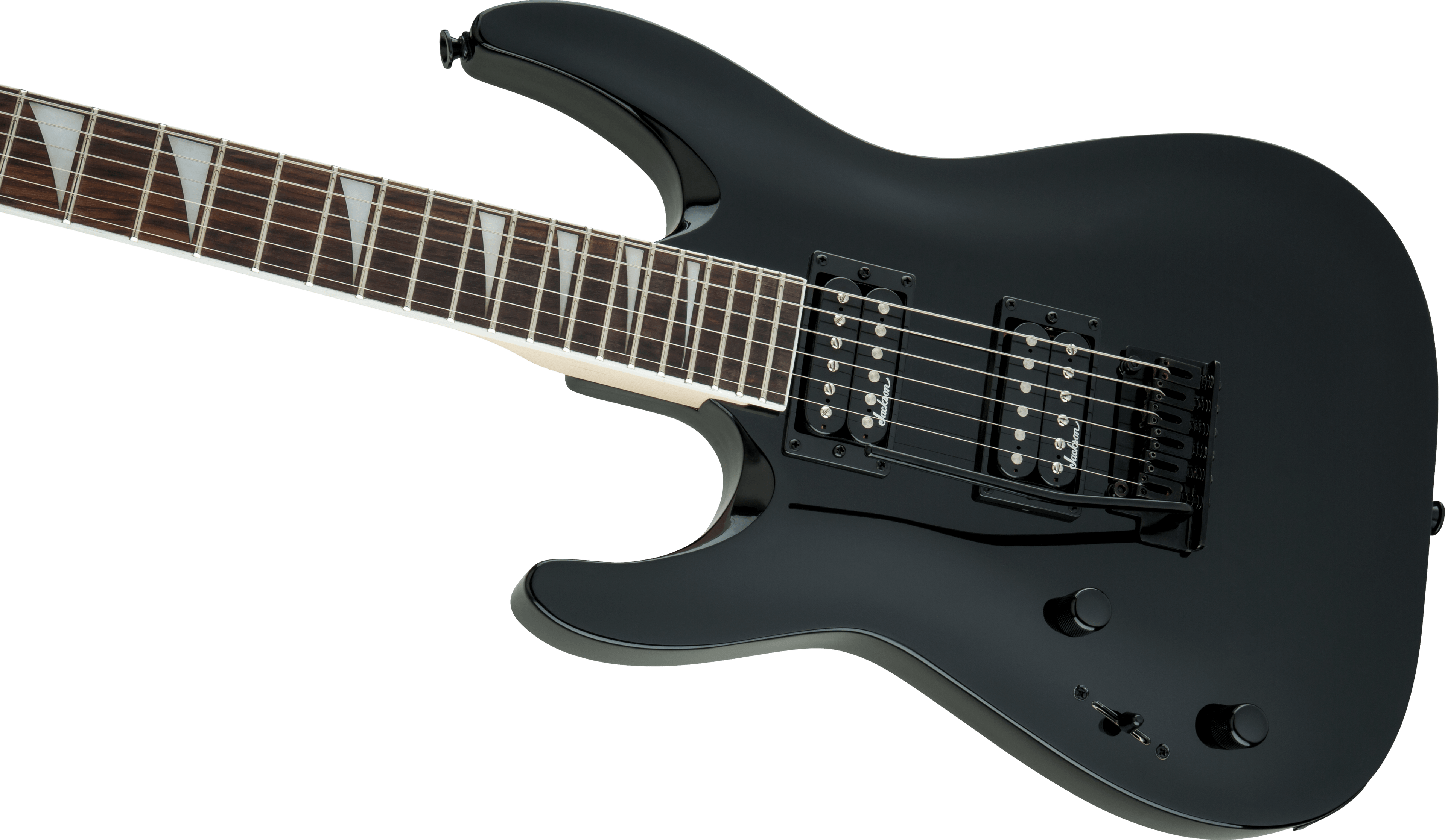 Jackson JS Dinky Arch Top JS22 DKA LH electric guitar with amaranth fingerboard and gloss black finish, showcasing the sleek instrument.