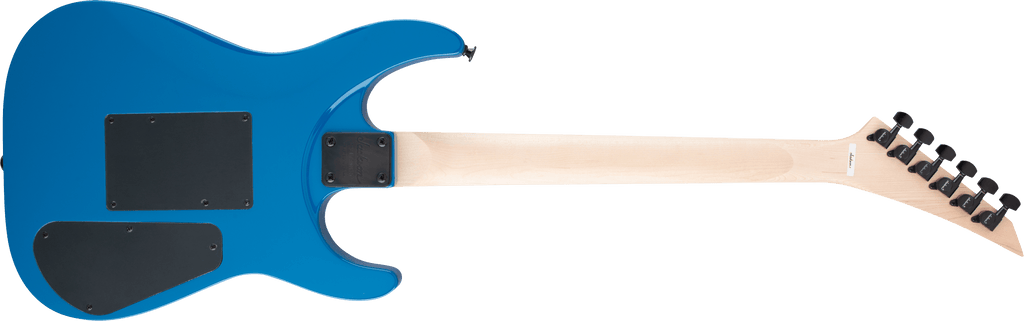Jackson JS Series Dinky JS32 DKA LH electric guitar with amaranth fingerboard and bright blue finish, showcasing its sleek arch top design.
