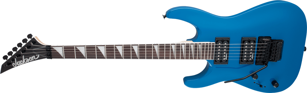 Jackson JS Series Dinky JS32 DKA LH electric guitar with bright blue finish and amaranth fingerboard, showcasing its sleek arch top design.