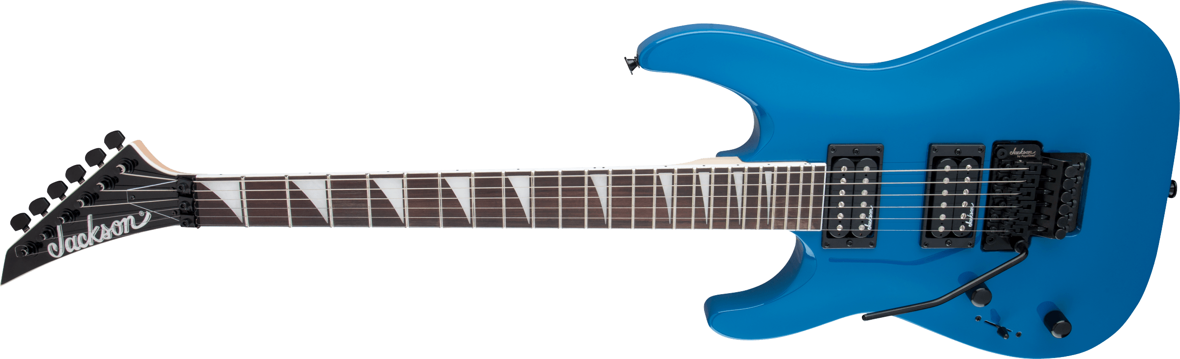 Jackson JS Series Dinky JS32 DKA LH electric guitar with bright blue finish and amaranth fingerboard, showcasing its sleek arch top design.