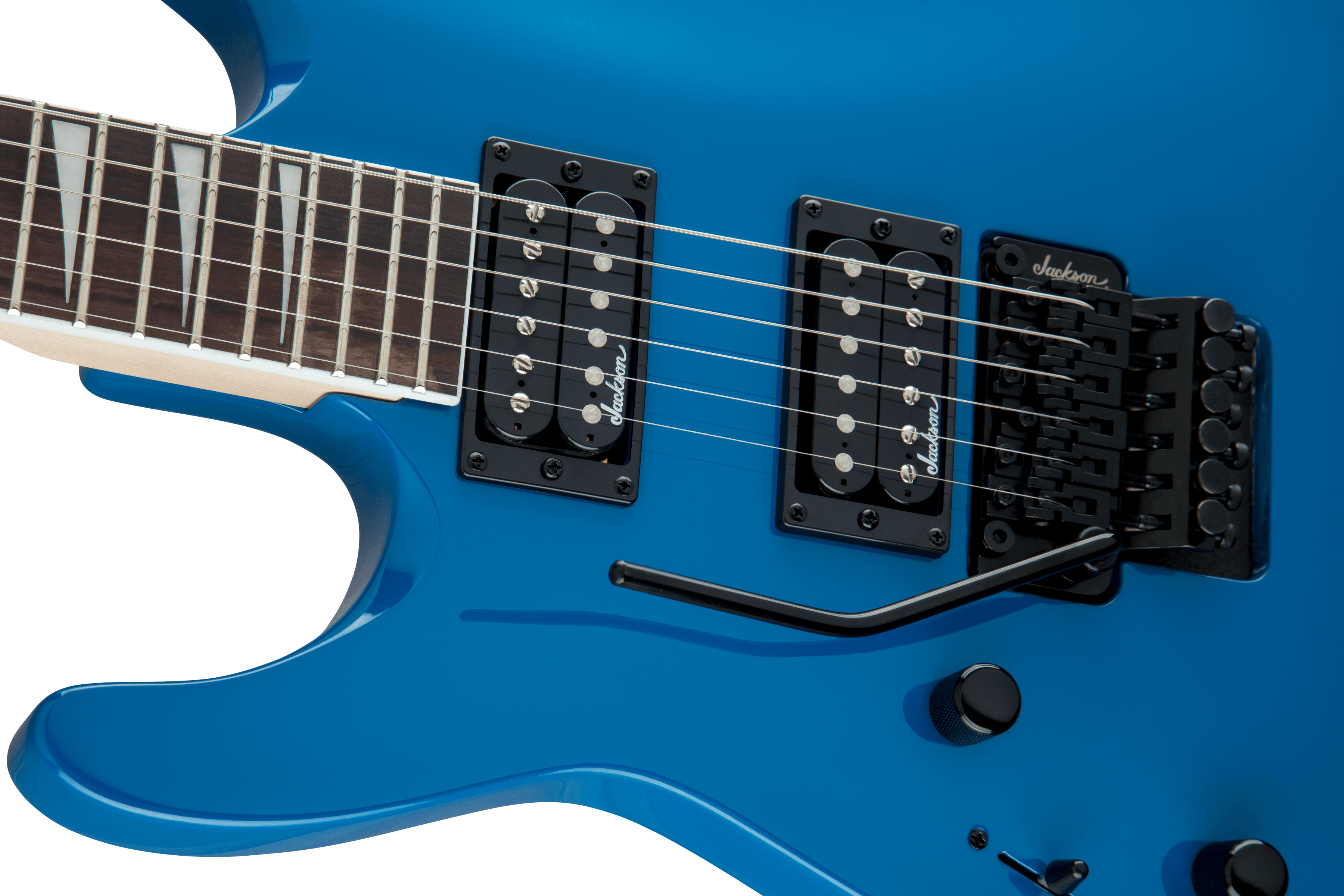 Jackson JS Series Dinky JS32 DKA LH electric guitar with bright blue finish and amaranth fingerboard, featuring an arch top design.