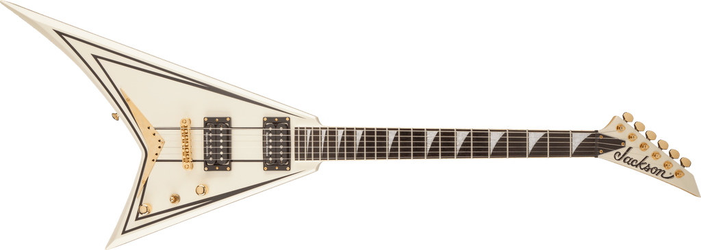 Jackson Pro RRT3 Rhoads electric guitar in EB Ivory finish with black pinstripes, showcasing its sleek body and signature style.