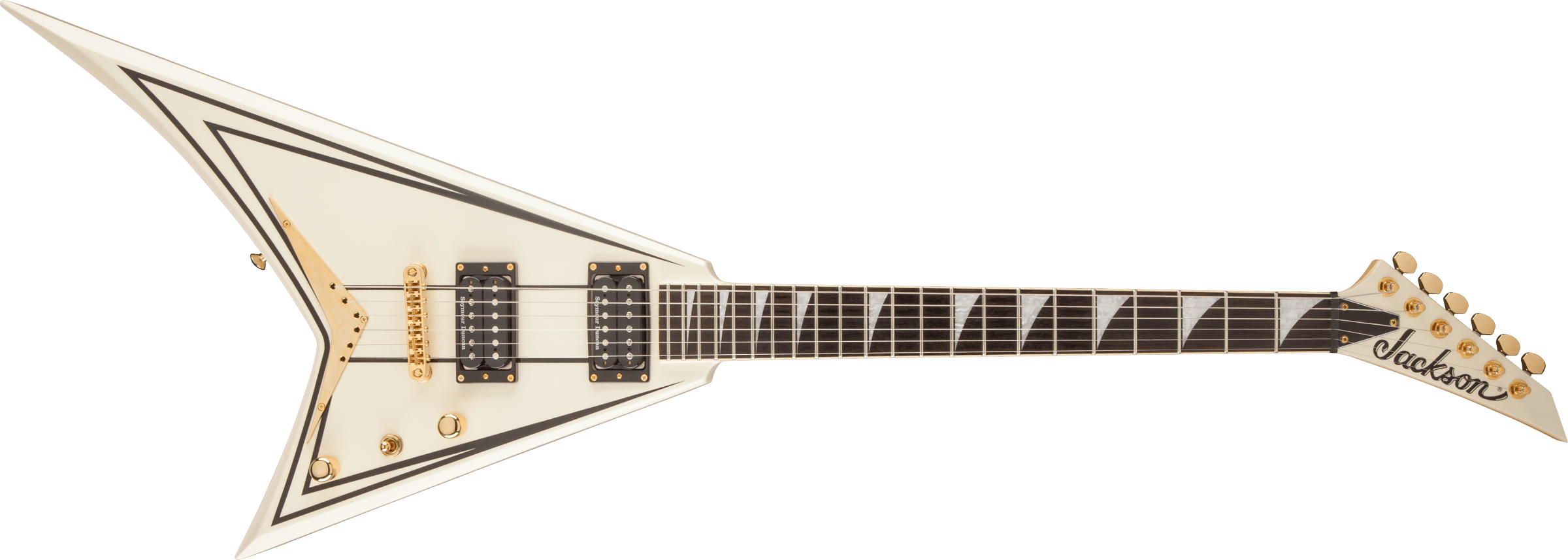 Jackson Pro RRT3 Rhoads electric guitar in EB Ivory finish with black pinstripes, showcasing its sleek body and signature style.