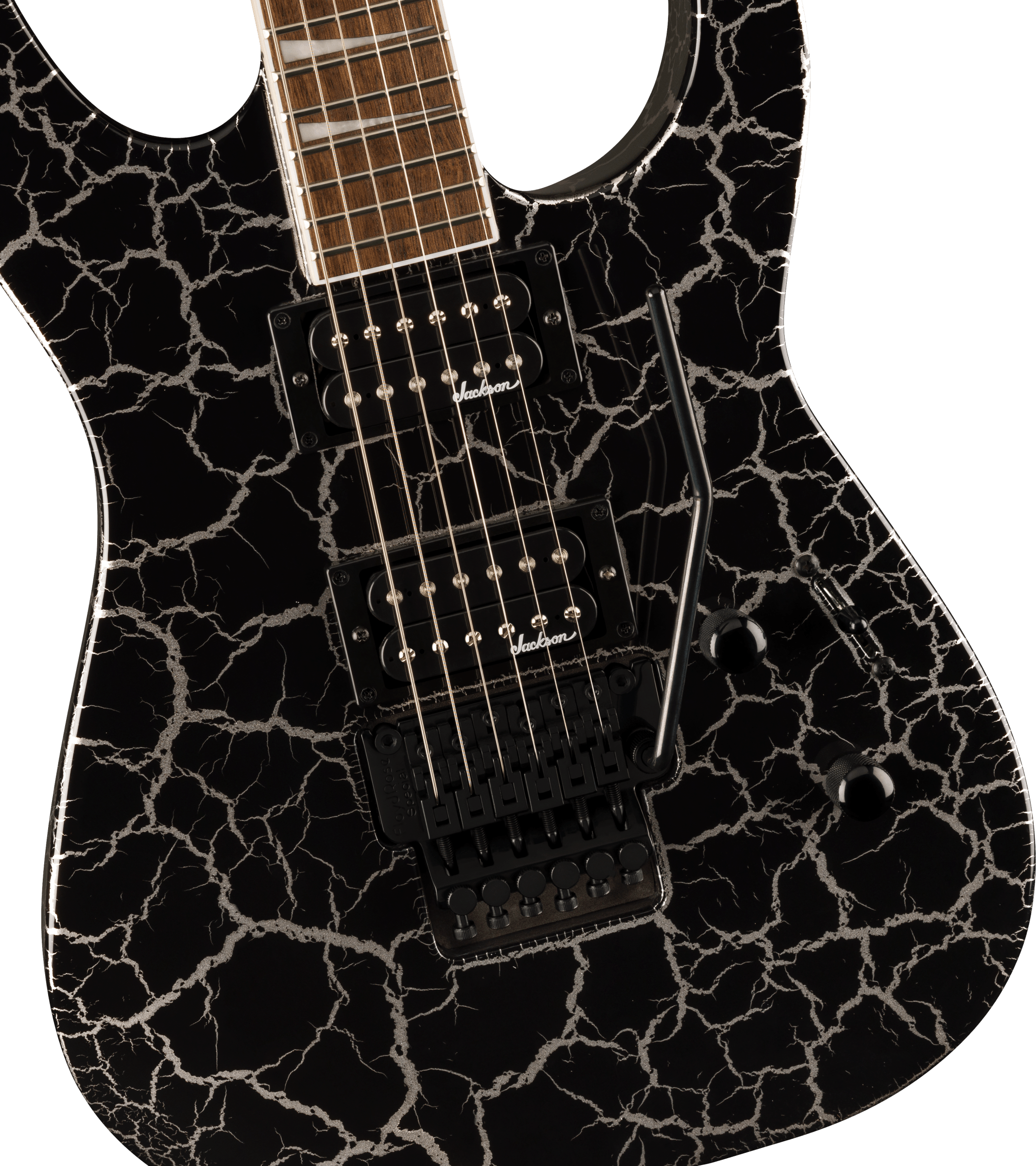 Jackson X Series Soloist SLX DX Laurel FB electric guitar in Silver Mercury Crackle finish, featuring sleek body and modern design.