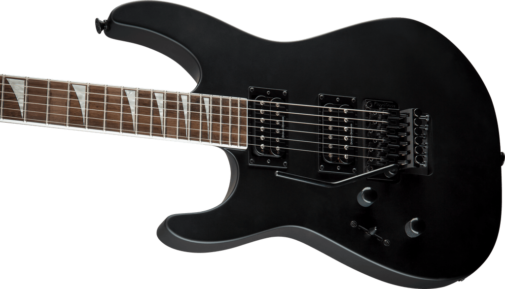 Black Jackson X Soloist SLX left-handed electric guitar with sleek design and double-cutaway body, shown from front view.