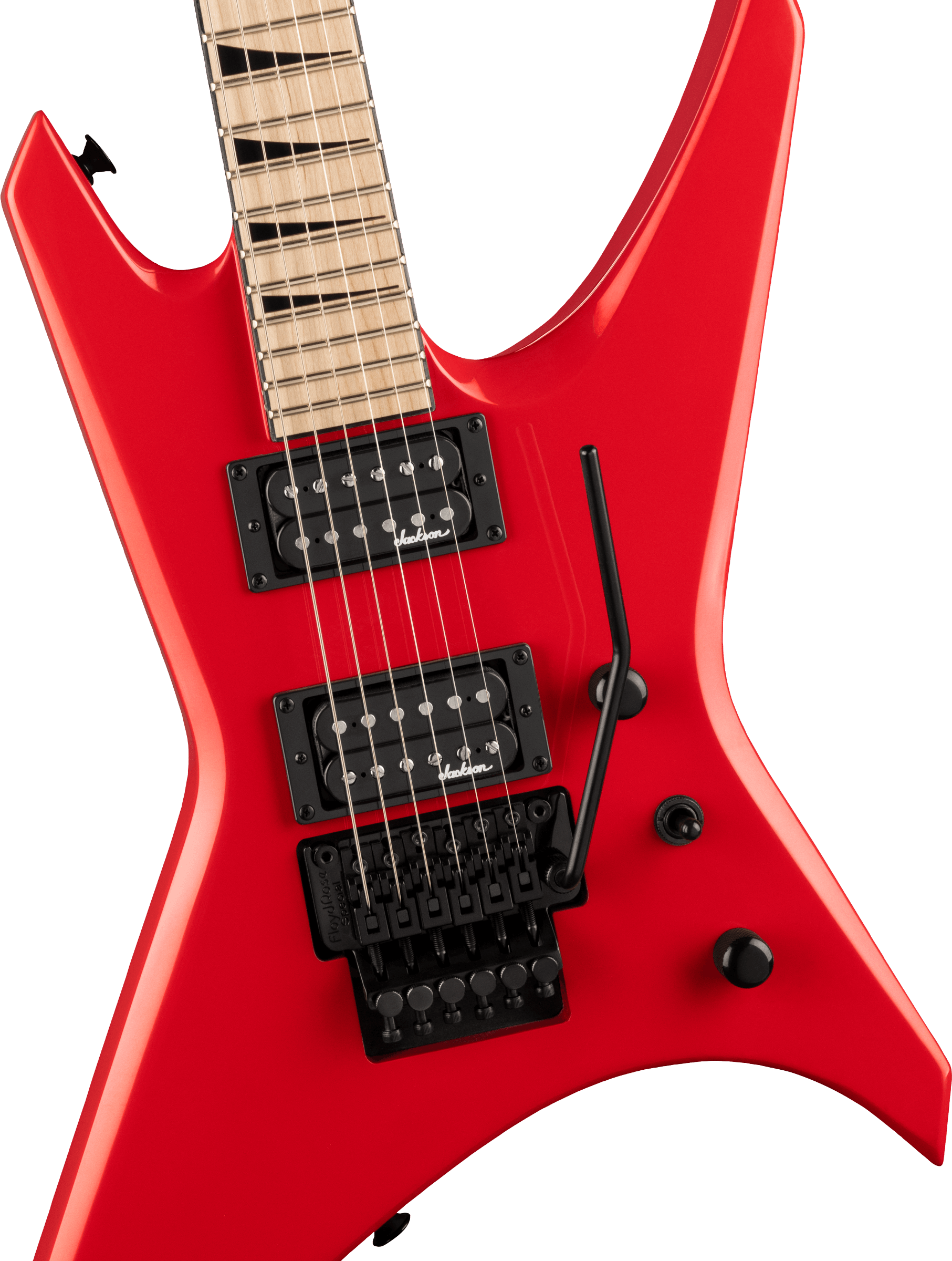 Jackson Warrior WRX24M electric guitar in Ferrari Red, featuring a sleek body and detailed fretboard design.