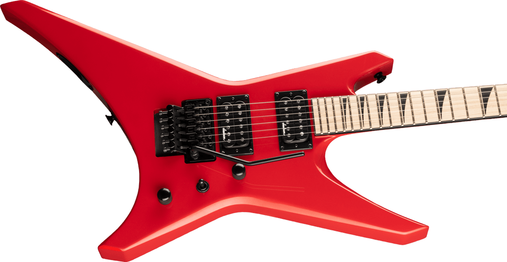 Jackson Warrior WRX24M electric guitar in Ferrari Red with maple fingerboard and sleek body, showcasing its bold design.