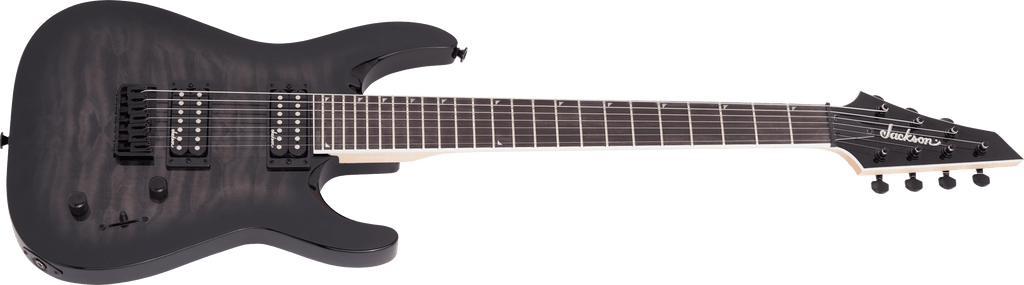 Jackson JS22-7 Dinky 7-string electric guitar in transparent black burst with arch top and sleek design.