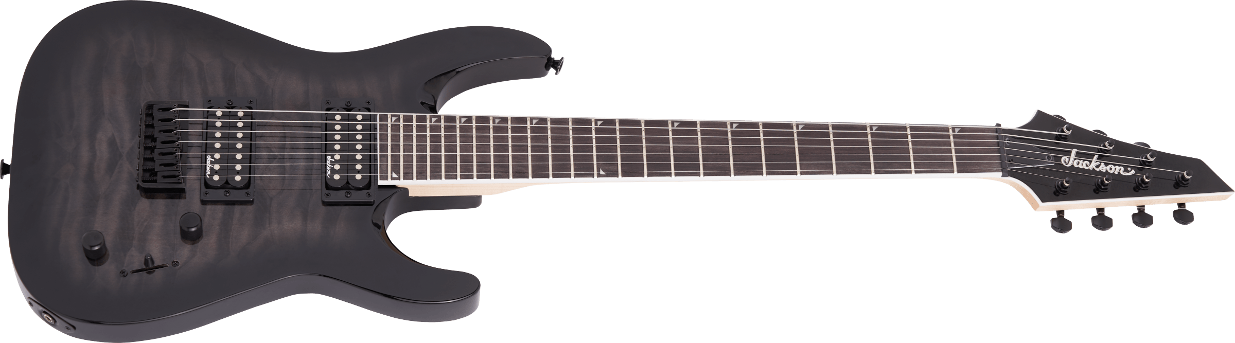 Jackson JS22-7 Dinky 7-string electric guitar in transparent black burst with arch top and sleek design.