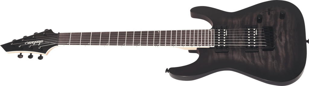 Jackson JS22-7 Dinky arch top 7-string electric guitar in transparent black burst finish, showcasing its sleek body and headstock.