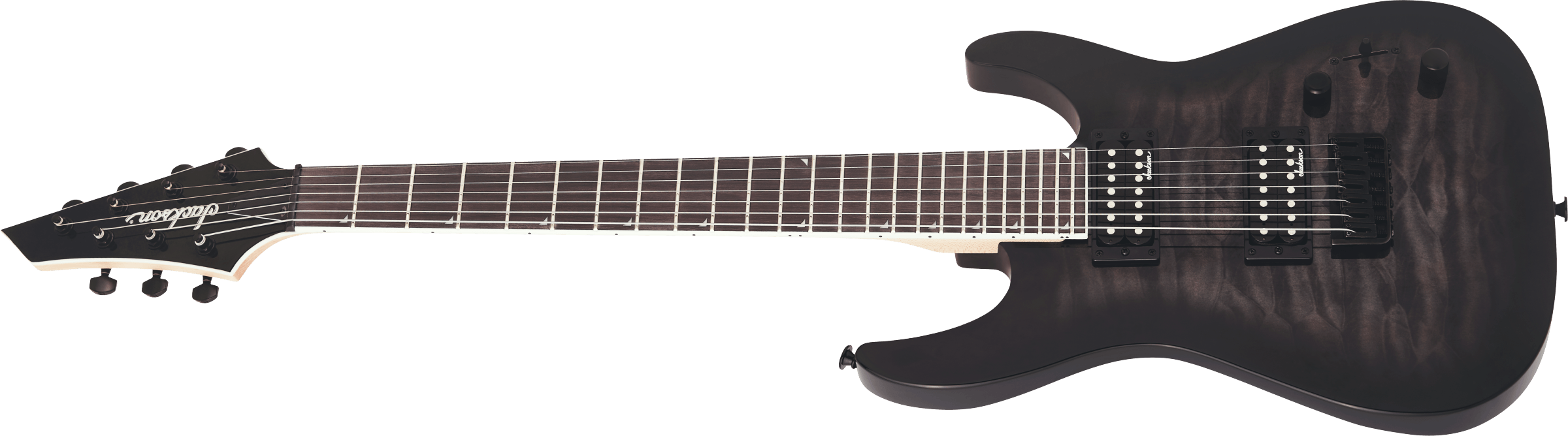 Jackson JS22-7 Dinky arch top 7-string electric guitar in transparent black burst finish, showcasing its sleek body and headstock.