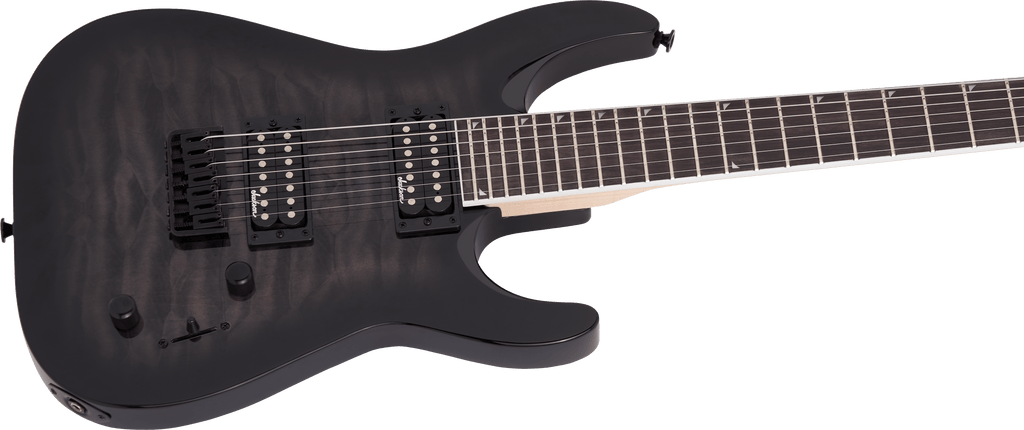 Jackson JS22-7 Dinky arch top 7-string electric guitar in transparent black burst with sleek design and black hardware.