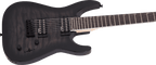 Jackson JS22-7 Dinky arch top 7-string electric guitar in transparent black burst with sleek design and black hardware.